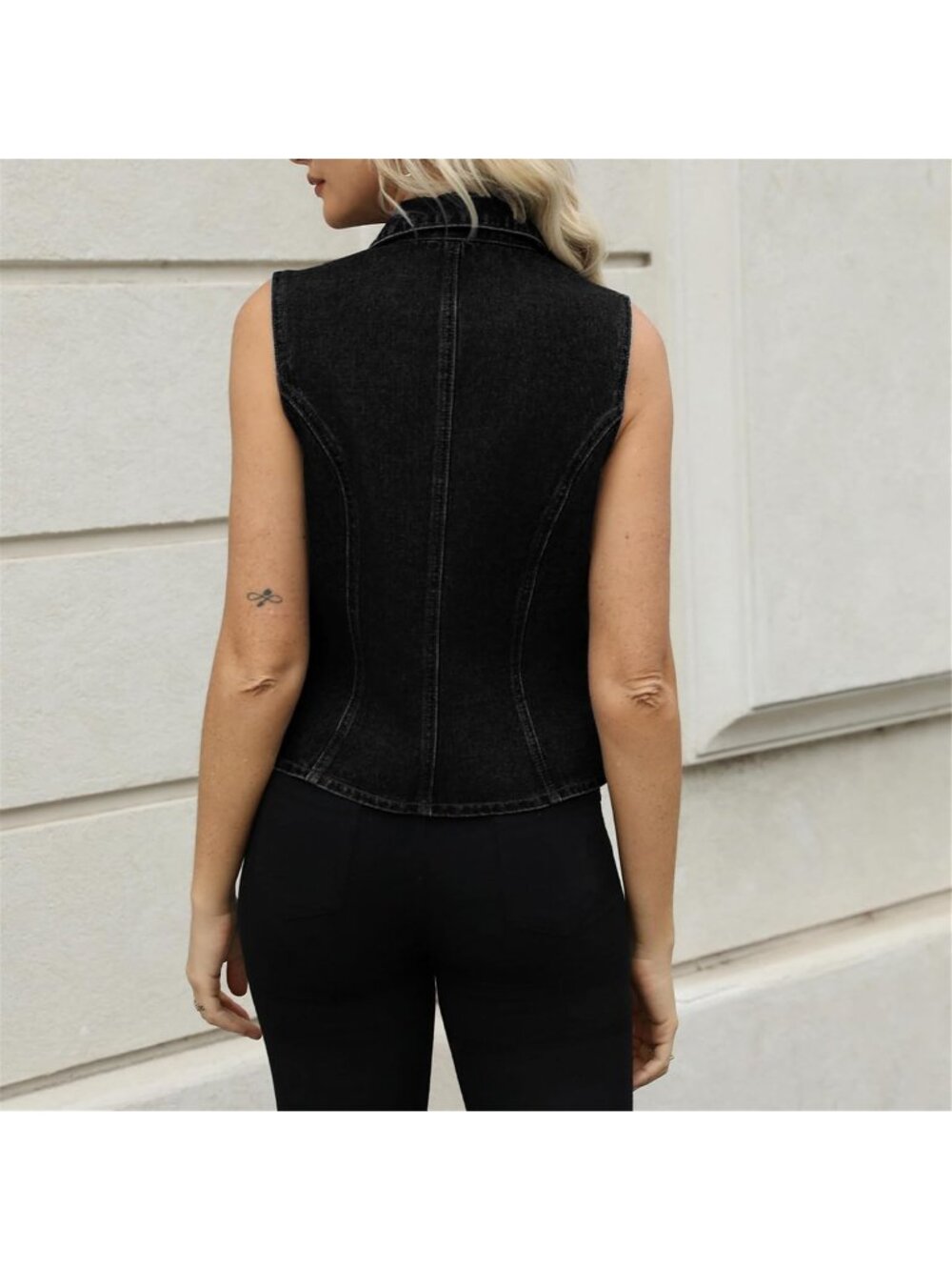 Women's Black Lapel Denim Vest Sleeveless Business Work Jean Waistcoat Vest - Picture 4 of 4